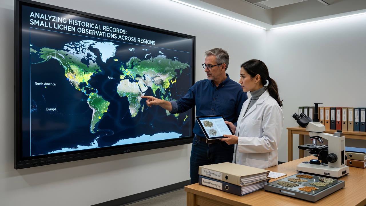 Researchers reviewing digitized lichen specimen cards and regional distribution charts on a computer screen
